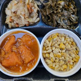 Veggie plate- Fried cabbage. Collard green, yams,fried corn
