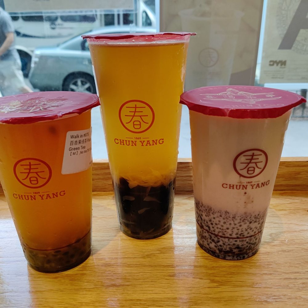 Chun Yang Tea - Left to right: Passion Fruit Green Tea, Iced Pomelo Oolong Tea, Purple Rice Sago Tea Latte - Bubble Tea Near Me - Flushing, New York