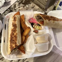 Beef dharma wrap with fries and hummus side