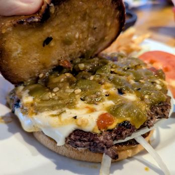 Cocina Azul - Half-pound green chile cheeseburger - filling and tasty - New Mexican Cuisine Near Me - Albuquerque, New Mexico