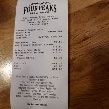 Four Peaks Brewing - Receipt - Pubs Near Me - Tempe, Arizona