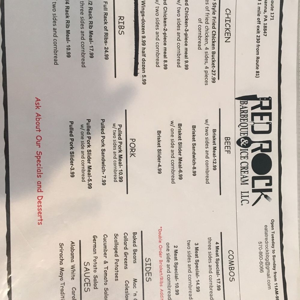 Red Rock BBQ & Catering - Menu - Barbeque Near Me - Susquehanna, Pennsylvania