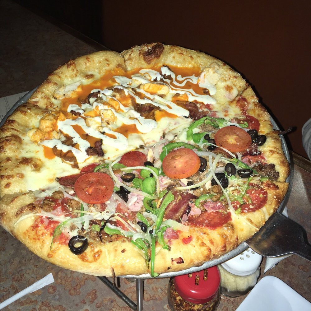 Mellow Mushroom - Medium 14" half Buffalo Chicken and half House Special - Pizza Near Me - Denton, Texas Mellow Mushroom - Medium 14" half Buffalo Chicken and half House Special - Pizza Near Me - Denton, Texas