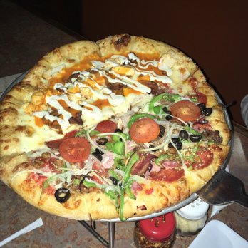 Mellow Mushroom - Medium 14" half Buffalo Chicken and half House Special - Pizza Near Me - Denton, Texas Mellow Mushroom - Medium 14" half Buffalo Chicken and half House Special - Pizza Near Me - Denton, Texas