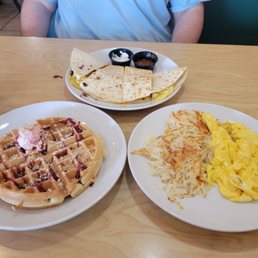 Summer Berry Waffle Combo (with 2 eggs and hashbrowns) and Breakfast Quesadilla with Bacon Summer Berry Waffle Combo (with 2 eggs and hashbrowns) and Breakfast Quesadilla with Bacon