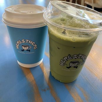 Here & There - Ube matcha and lavender matcha. We ordered the former with oatmilk but there was no indication and my husband is suffering for it :( - Coffee & Tea Near Me - La Mirada, California