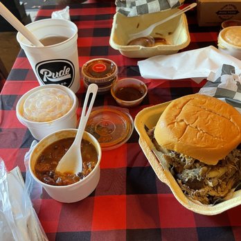 Rude BBQ - Pulls pork sandwich, baked beans, macaroni, bourbon slushee - Barbeque Near Me - Easton, Maryland Rude BBQ - Pulls pork sandwich, baked beans, macaroni, bourbon slushee - Barbeque Near Me - Easton, Maryland