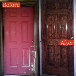 Clark's Painting - The dogs had their way with this red door, so we spruced up the entry by doing a wood-look faux finish against a white door frame.