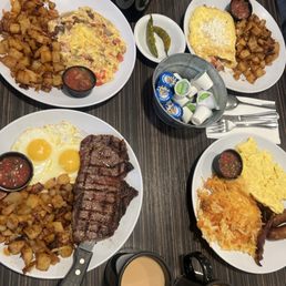 TL: Artesia Omelet BL: RibEye Steak & Eggs TR: The Melecio Omelet BR: The Off Street w/ hashbrowns TL: Artesia Omelet BL: RibEye Steak & Eggs TR: The Melecio Omelet BR: The Off Street w/ hashbrowns
