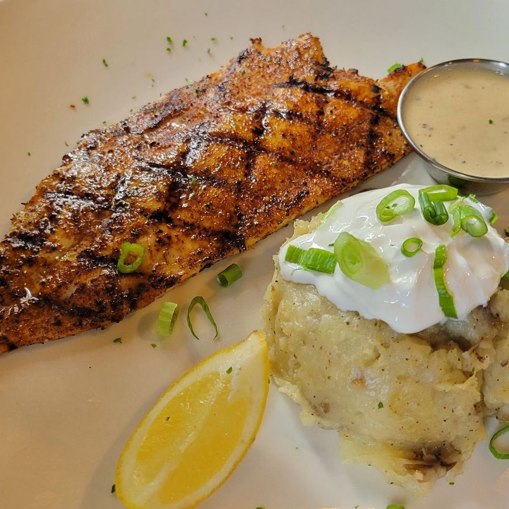Half Shell Oyster House - Grilled Redfish with Cajun Boiled. Mash Potatoes - Seafood Near Me - Biloxi, Mississippi Half Shell Oyster House - Grilled Redfish with Cajun Boiled. Mash Potatoes - Seafood Near Me - Biloxi, Mississippi
