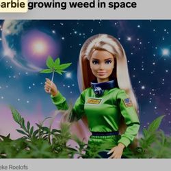 The Green Planet - An image by artist Pieke Roel's with Barbie in a field of cannabis in space.
