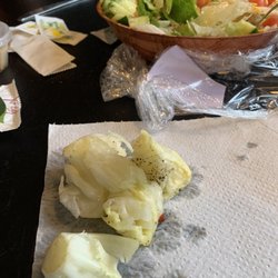 Pizza Hut - The parts of the salad that were inedible. The rest of it was C rated iceberg lettuce. Extremely dull.