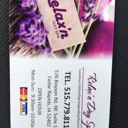 Relax'n Day Spa - Loyalty punch card. 1 free session after 10 visits.