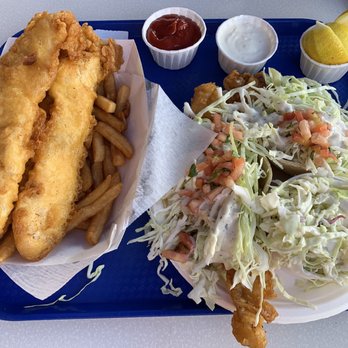 Harbor Fish & Chips - We got 2 fish tacos with cole slaw and 3 piece fish and chips. Super tasty!!! - Fish & Chips Near Me - Oceanside, California