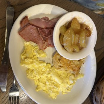 Cracker Barrel Old Country Store - Grandma's Sampler Pancake Breakfast, side cinnamon apples - American Near Me - Camarillo, California Cracker Barrel Old Country Store - Grandma's Sampler Pancake Breakfast, side cinnamon apples - American Near Me - Camarillo, California