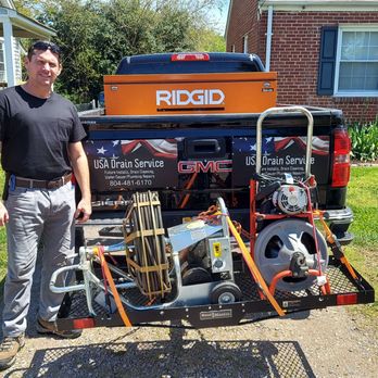 USA Drain Service - Veteran owner Allen Richardson with company truck and drain cleaning machines. - Plumbing Near Me - Mechanicsville, Virginia USA Drain Service - Veteran owner Allen Richardson with company truck and drain cleaning machines. - Plumbing Near Me - Mechanicsville, Virginia