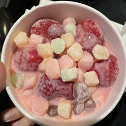 Frozen strawberries in their shaved ice. Fresh strawberries would've been better. Frozen strawberries in their shaved ice. Fresh strawberries would've been better.