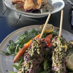 Steak skewers and brick chicken