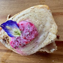 Red, white, and blue marlin with coconut taro, beet kraut butter, forget me not. My favorite course!