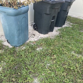 Brecht Landscaping - Trash and fence area, lawn killed by Brecht Landscaping spraying roundup to avoid trimming. - Lawn Services Near Me
