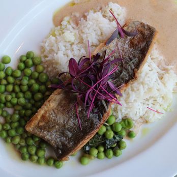 Willow Room - Rainbow trout. Brown butter and malt vinegar, green peas, rice and bull blood garnishing. - Wine Bars Near Me - Chicago, Illinois Willow Room - Rainbow trout. Brown butter and malt vinegar, green peas, rice and bull blood garnishing. - Wine Bars Near Me - Chicago, Illinois