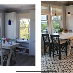 Indigo Blooms - Uplevel your dining room! Before and after with tile floors and painted chairs