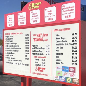 Burger Time - a menu on a large sign - Burgers Near Me - Waite Park, Minnesota Burger Time - a menu on a large sign - Burgers Near Me - Waite Park, Minnesota