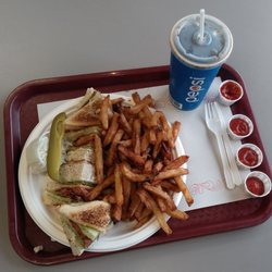 Jumbos Restaurant - Here you see 3 sections of club sandwich, french fries, and a soft drink. It worked for me. (I was bored, so I organized the ketchup.)