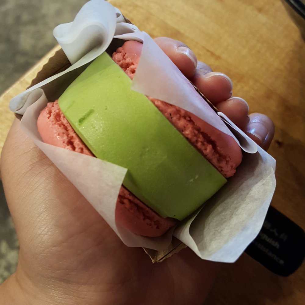 Boiling Point - (A very tiny) green tea macaron ice cream - $4.75. Not worth it in my opinion, especially since MILK (in LA) has bigger ones. - Hot Pot Near Me - Fremont, California Boiling Point - (A very tiny) green tea macaron ice cream - $4.75. Not worth it in my opinion, especially since MILK (in LA) has bigger ones. - Hot Pot Near Me - Fremont, California