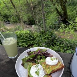 The Wild Poppy Cafe & Market - Iced vanilla matcha & avocado toast with poached egg
