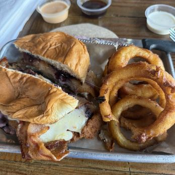 Craft Burger - Crispy blueberry chicken sandwich with Onion rings - Burgers Near Me - Placentia, California