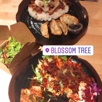 Blossom Tree - Top: spicy pork bulgogi rice plate Box: beef/bulgogi taco Bottom: beef/bulgogi bibimbap - Korean Near Me - Atlanta, Georgia