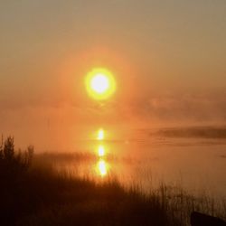 Quinn River Campground - Sun rising and a line of ducks in the water on the right.