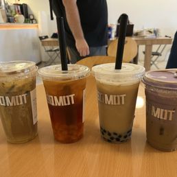 Ca phe su da with egg foam, peach oolong, roasted oolong milk tea, and ca phe su da with ube foam Ca phe su da with egg foam, peach oolong, roasted oolong milk tea, and ca phe su da with ube foam