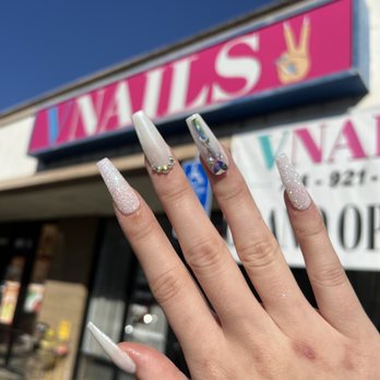 VNAILS - Gel X. Off white w chrome & fairy dust but add rhinestones! - Nail Salons Near Me - Orange, California VNAILS - Gel X. Off white w chrome & fairy dust but add rhinestones! - Nail Salons Near Me - Orange, California