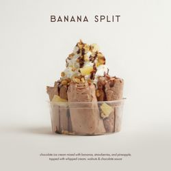 Rendezvous International Café - Banana Split Rolled Ice Cream: chocolate ice cream mixed with bananas, strawberries and pineapple topped with whipped cream