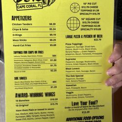 The Dek Bar - New Menu as of Sept. 2025