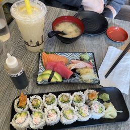 Sashimi and California roll and shrimp and avocado roll. Lychee refresher--soooo tasty!