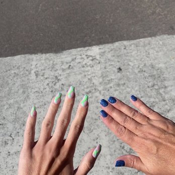 Classic Nails & Spa - green abstract nails done by Sing & blue glitter nails by T!! - Nail Salons Near Me - Peoria, Arizona Classic Nails & Spa - green abstract nails done by Sing & blue glitter nails by T!! - Nail Salons Near Me - Peoria, Arizona