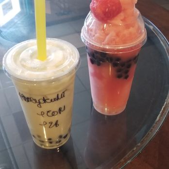 TNL Boba Tea - Honeydew Milktea w/ boba on the left, Watermelon slushie w/ boba on the right. - Bubble Tea Near Me - Oceanside, California