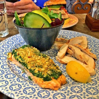 The Crown Rivers - Side of Salmon, Side of Chicken, Side Salad & Chicken Burger in background - British Near Me - Hounslow, XGL The Crown Rivers - Side of Salmon, Side of Chicken, Side Salad & Chicken Burger in background - British Near Me - Hounslow, XGL