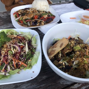 Pho Hoa Grill - Left to right: slaw, hot basil leaves with chicken (the eggplant was incredible), grilled pork vermicelli, egg roll. Absolute foodgasm. - Vietnamese Near Me - Bangor, Maine