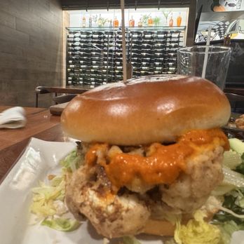 The Lab Collaborative - Fried Cauliflower Sandwich with side house salad. This is one of the few vegan options. Comes with buffalo sauce. - New American Near Me - Oceanside, California