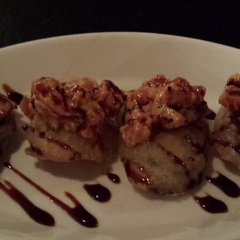 Traif - Tempura eggplant, topped with spicy tuna tartar - New American Near Me - Brooklyn, New York Traif - Tempura eggplant, topped with spicy tuna tartar - New American Near Me - Brooklyn, New York