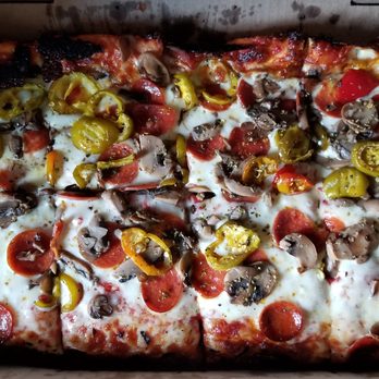 Mattina's Pizzeria - Half (eight slices): Cheese, Pepperoni, Mushrooms, Hot Pepper [Overhead shot] - Pizza Near Me - Buffalo, New York