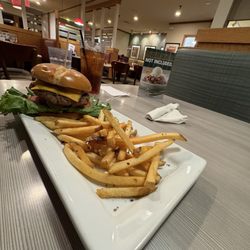 Perkins American Food - Burger, Fries and a Banana Cream Pie slice..