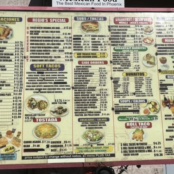 Regio's Mexican Food - Menu as of October, 2023 - Mexican Near Me - Phoenix, Arizona Regio's Mexican Food - Menu as of October, 2023 - Mexican Near Me - Phoenix, Arizona
