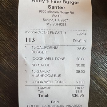 Anny's Fine Burger - Bill - Burgers Near Me - Santee, California