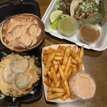 Burger Blvd - Burger, seasoned fries and carne asada and chicken taco. All good! - Burgers Near Me - Redlands, California