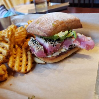 BRGR Bar - Tuna burger with waffle fries - Burgers Near Me - Portsmouth, New Hampshire BRGR Bar - Tuna burger with waffle fries - Burgers Near Me - Portsmouth, New Hampshire
